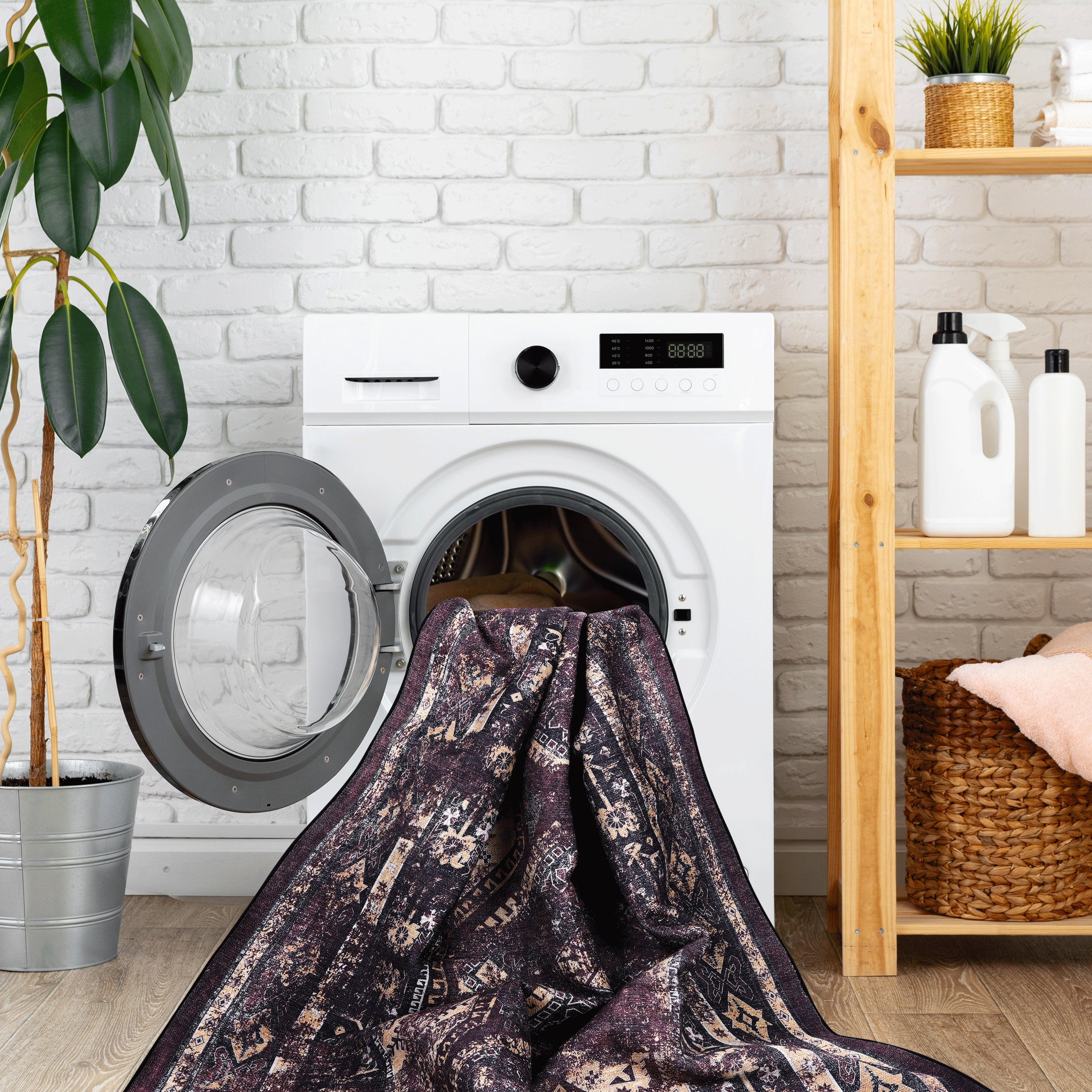 Washable area rug shown under furniture