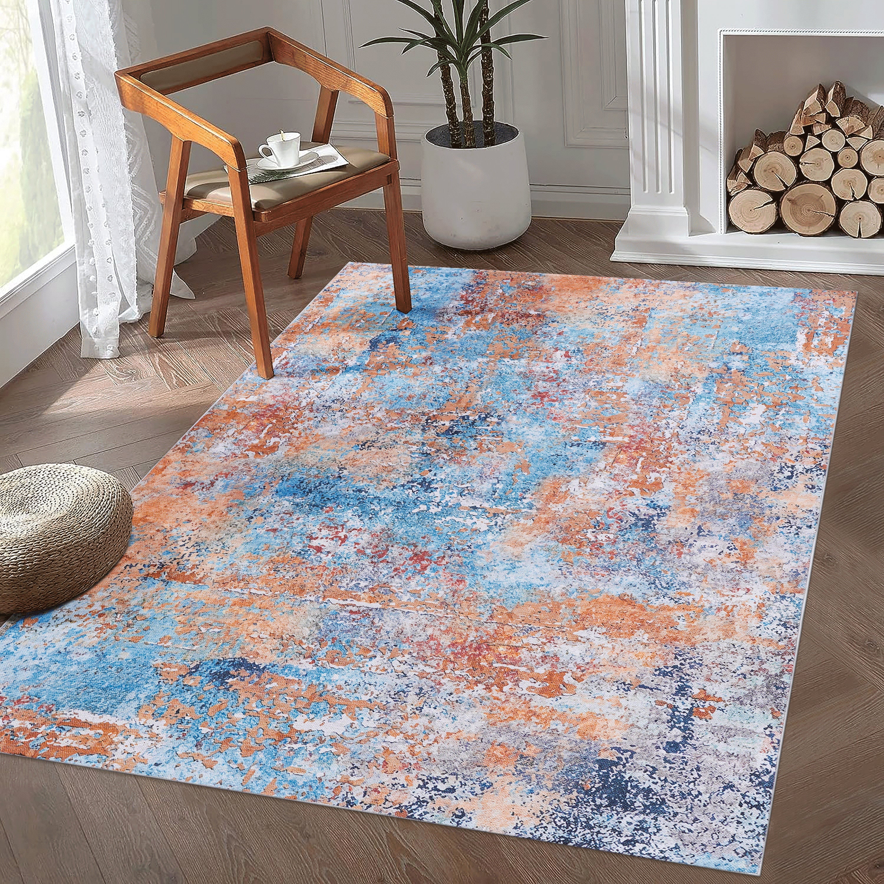 Multi-colour washable area rug, 3 by 5 feet, in a room setting